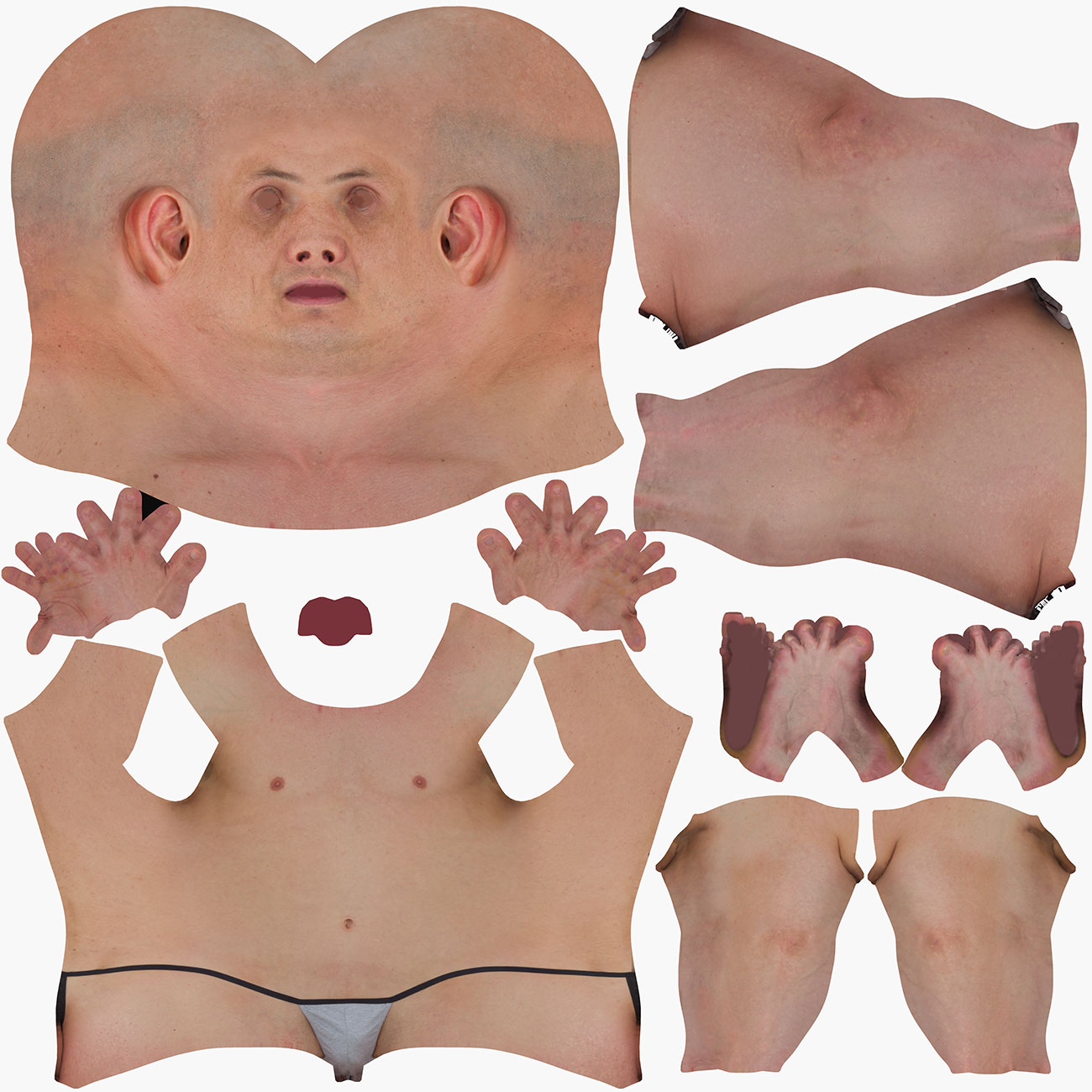 UV unwrap layout for a lean athletic male 3D body scan showing low-distortion texture coordinates across head, body, and hands